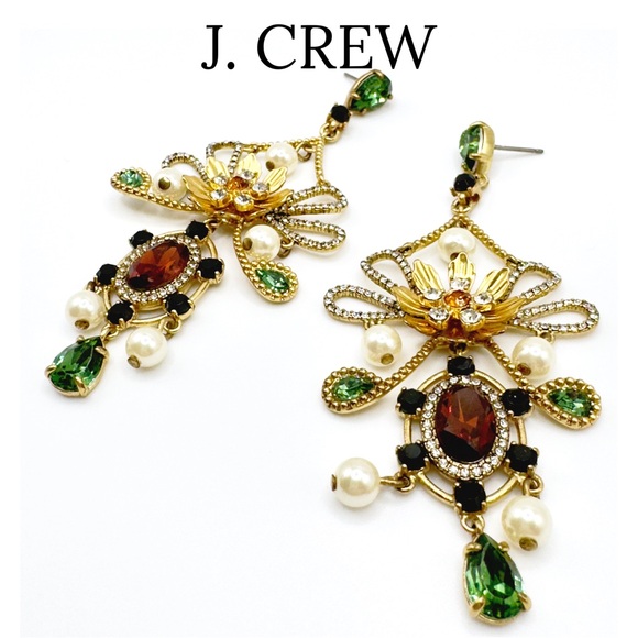 J. Crew • Baroque Floral Mixed Gem Statement Drop Earrings • Alhambra Green - Picture 10 of 13